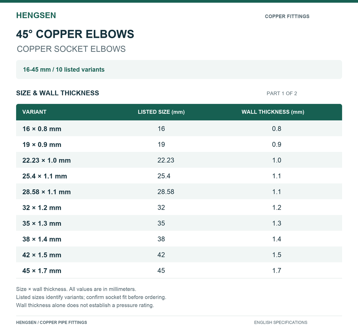 HENGSEN 45° Copper Elbows | 16–133 mm